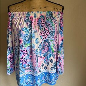 Lilly Pulitzer Pink & Blue Off-Shoulder Paisley Shirt